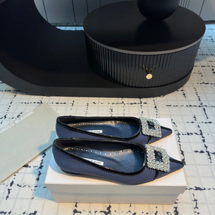 Hangisi 10mm Ballet Flat Dark Blue Linen with Black Leather Jewel Buckle 161059