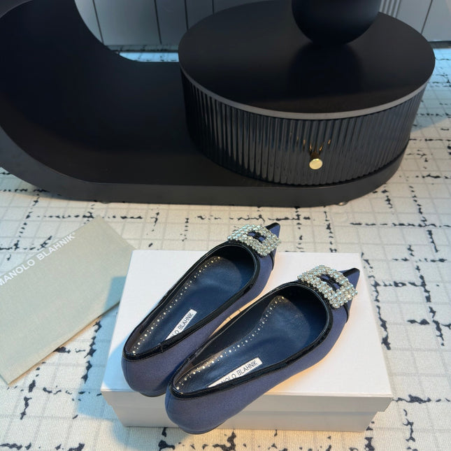 Hangisi 10mm Ballet Flat Dark Blue Linen with Black Leather Jewel Buckle 161059