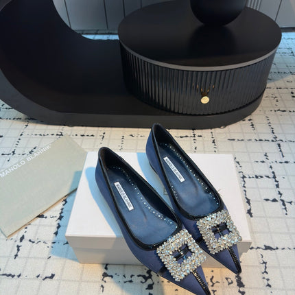 Hangisi 10mm Ballet Flat Dark Blue Linen with Black Leather Jewel Buckle 161059