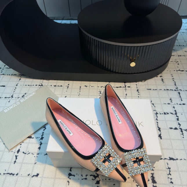 Hangisi 10mm Ballet Flat Pink Linen with Black Leather Jewel Buckle 161060