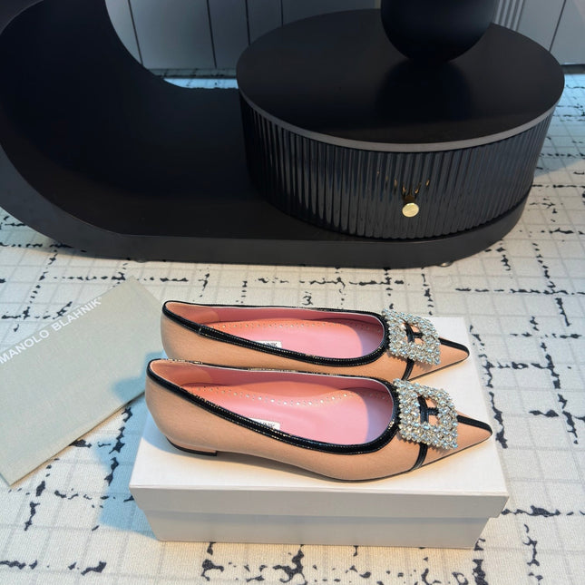 Hangisi 10mm Ballet Flat Pink Linen with Black Leather Jewel Buckle 161060