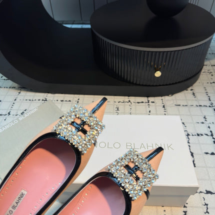 Hangisi 10mm Ballet Flat Pink Linen with Black Leather Jewel Buckle 161060