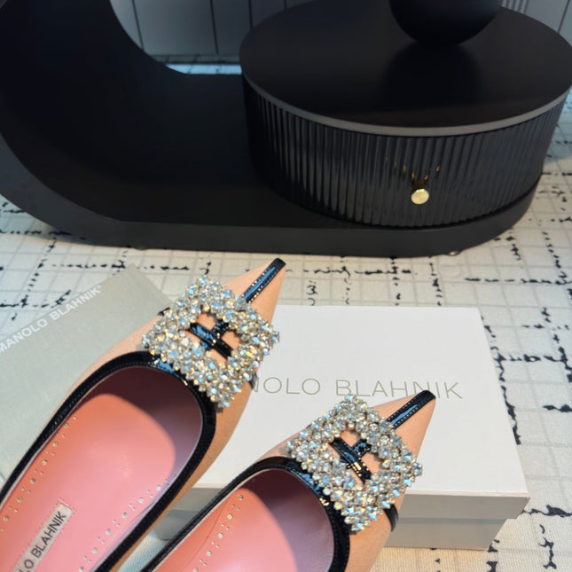 Hangisi 10mm Ballet Flat Pink Linen with Black Leather Jewel Buckle 161060