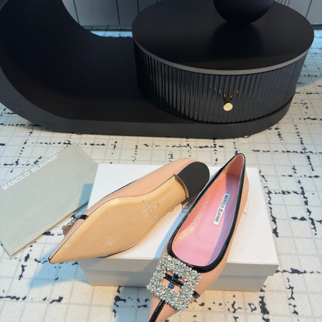 Hangisi 10mm Ballet Flat Pink Linen with Black Leather Jewel Buckle 161060