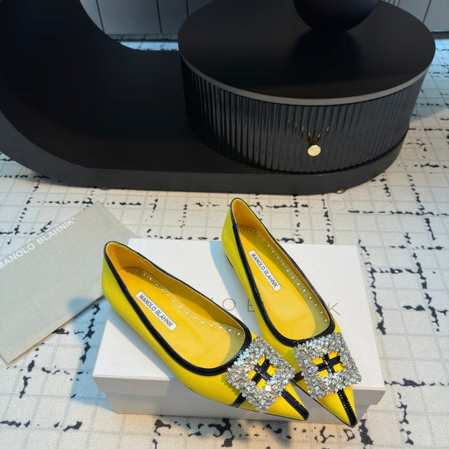 Hangisi 10mm Ballet Flat Yellow Linen with Black Leather Jewel Buckle 161061