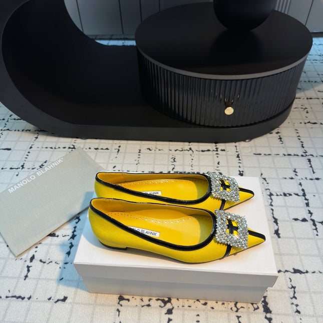 Hangisi 10mm Ballet Flat Yellow Linen with Black Leather Jewel Buckle 161061