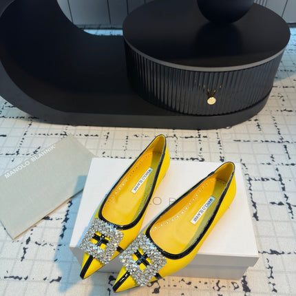 Hangisi 10mm Ballet Flat Yellow Linen with Black Leather Jewel Buckle 161061