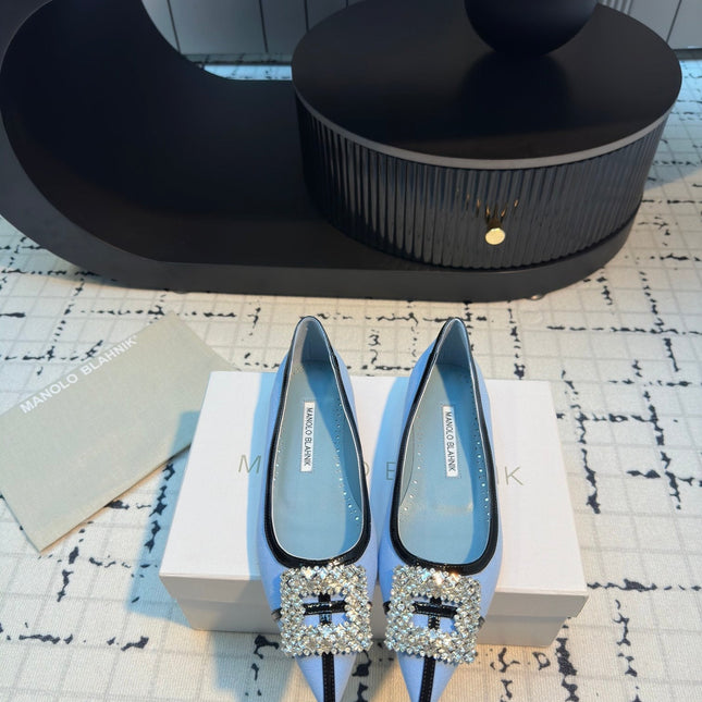 Hangisi 10mm Ballet Flat Ocean Blue Linen with Black Leather Jewel Buckle 161062