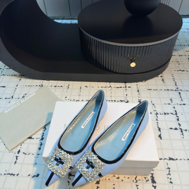 Hangisi 10mm Ballet Flat Ocean Blue Linen with Black Leather Jewel Buckle 161062