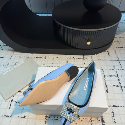 Hangisi 10mm Ballet Flat Ocean Blue Linen with Black Leather Jewel Buckle 161062