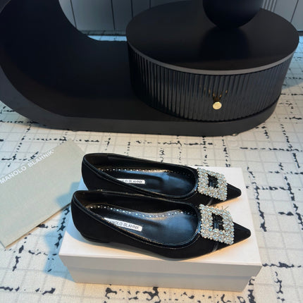 Hangisi 10mm Ballet Flat Black Linen and Leather Jewel Buckle 161063