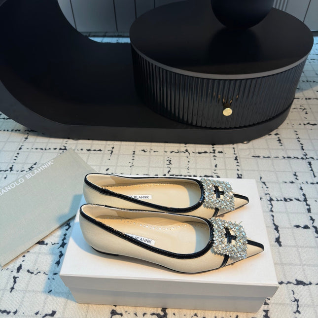 Hangisi 10mm Ballet Flat Beige Linen with Black Leather Jewel Buckle 161064