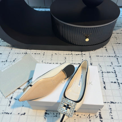 Hangisi 10mm Ballet Flat Beige Linen with Black Leather Jewel Buckle 161064