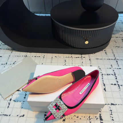 Hangisi 10mm Ballet Flat Dark Pink Linen with Black Leather Jewel Buckle 161065