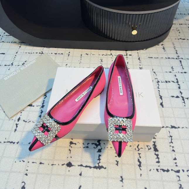 Hangisi 10mm Ballet Flat Dark Pink Linen with Black Leather Jewel Buckle 161065