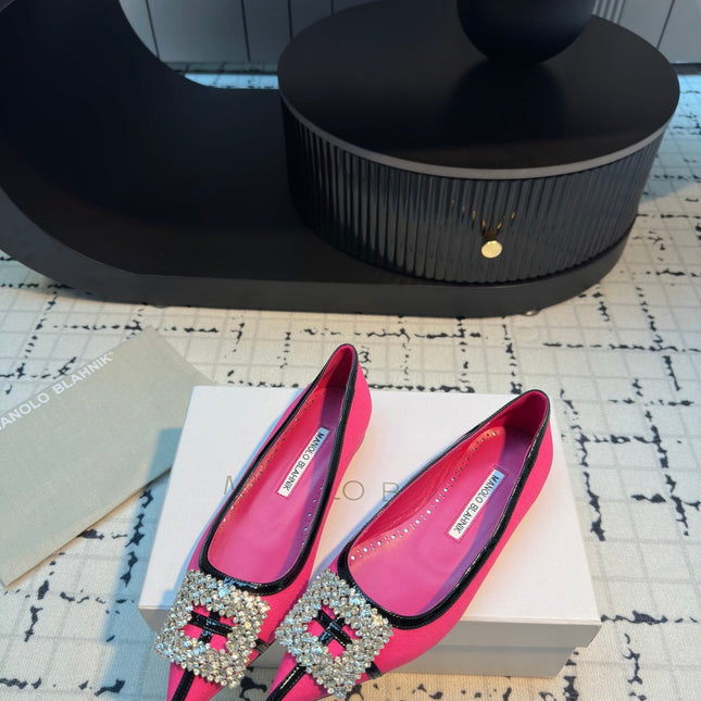 Hangisi 10mm Ballet Flat Dark Pink Linen with Black Leather Jewel Buckle 161065