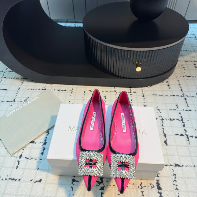 Hangisi 10mm Ballet Flat Dark Pink Linen with Black Leather Jewel Buckle 161065