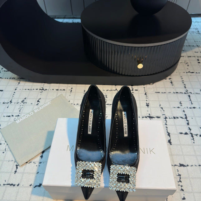 Hangisi 100 Black Linen and Leather Jewel Buckle Pumps 161067