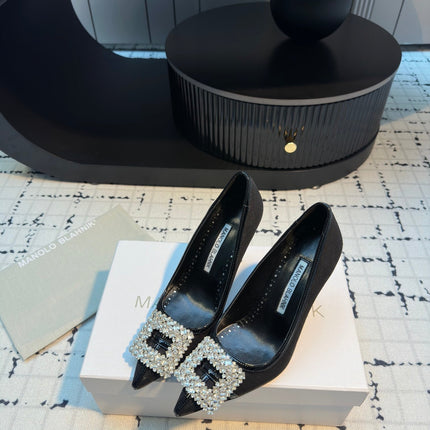 Hangisi 100 Black Linen and Leather Jewel Buckle Pumps 161067