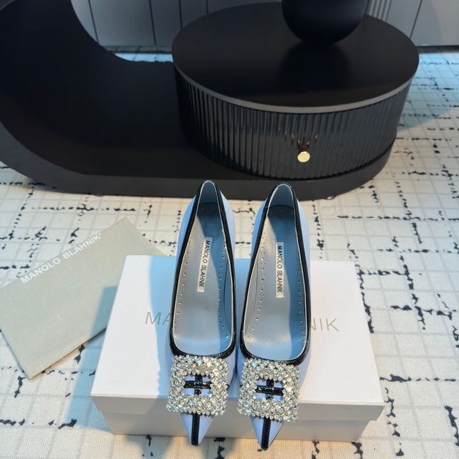 Hangisi 100 Ocean Blue Linen with Black Leather Jewel Buckle Pumps 161068