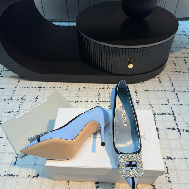 Hangisi 100 Ocean Blue Linen with Black Leather Jewel Buckle Pumps 161068