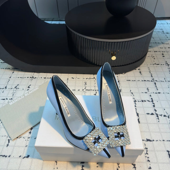 Hangisi 100 Ocean Blue Linen with Black Leather Jewel Buckle Pumps 161068