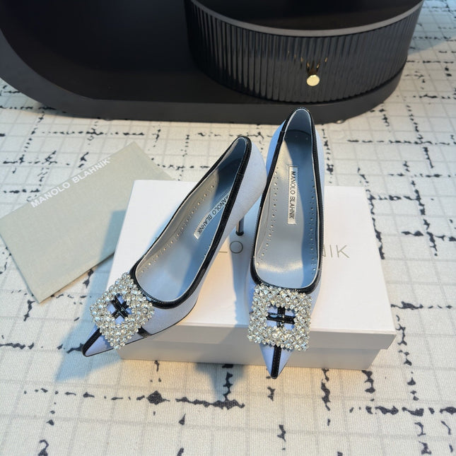 Hangisi 100 Ocean Blue Linen with Black Leather Jewel Buckle Pumps 161068