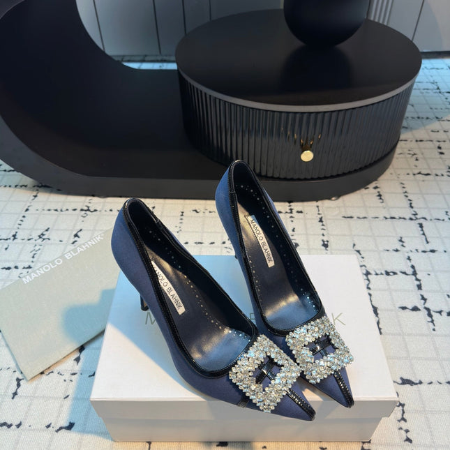 Hangisi 100 Dark Blue Linen with Black Leather Jewel Buckle Pumps 161070