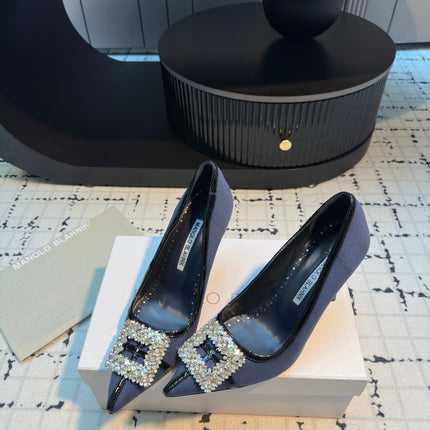 Hangisi 100 Dark Blue Linen with Black Leather Jewel Buckle Pumps 161070