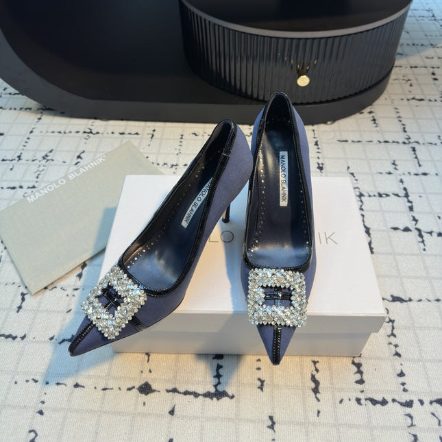 Hangisi 100 Dark Blue Linen with Black Leather Jewel Buckle Pumps 161070