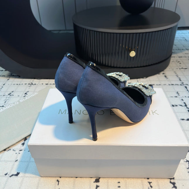 Hangisi 100 Dark Blue Linen with Black Leather Jewel Buckle Pumps 161070