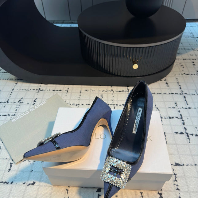 Hangisi 100 Dark Blue Linen with Black Leather Jewel Buckle Pumps 161070