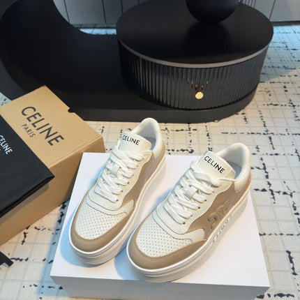 TRIOMPHE PLATFORM SNEAKERS IN WHITE AND BEIGE CALFSKIN EMBOSSED LOGO
