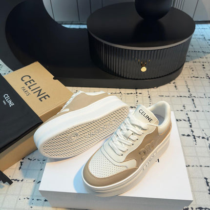 TRIOMPHE PLATFORM SNEAKERS IN WHITE AND BEIGE CALFSKIN EMBOSSED LOGO