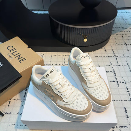 TRIOMPHE PLATFORM SNEAKERS IN WHITE AND BEIGE CALFSKIN EMBOSSED LOGO