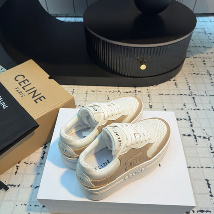 TRIOMPHE PLATFORM SNEAKERS IN WHITE AND BEIGE CALFSKIN EMBOSSED LOGO