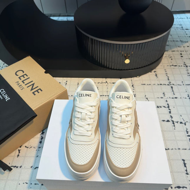 TRIOMPHE PLATFORM SNEAKERS IN WHITE AND BEIGE CALFSKIN EMBOSSED LOGO