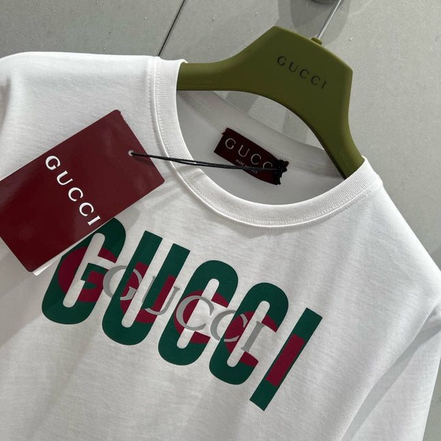 Gucci 2025 Print Short Sleeve T-shirt White Green Red Cotton