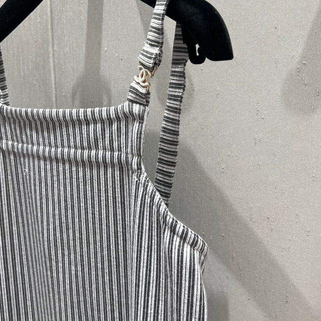 CC 25 Striped Suspender Skirt Gray White Cotton