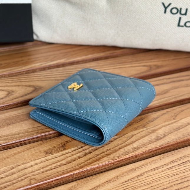 SMALL FLAP WALLET 12 IN NEPAL BLUE GRAINED CALFSKIN GOLD-TONE HARDWARE