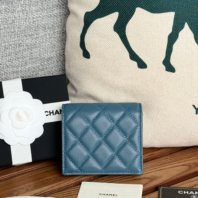 SMALL FLAP WALLET 12 IN NEPAL BLUE GRAINED CALFSKIN GOLD-TONE HARDWARE