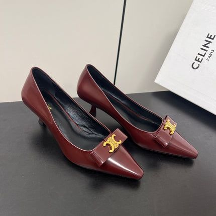 TRIOMPHE POINTED-TOE HIGH PUMPS IN BURGUNDY RED SHINY CALFSKIN