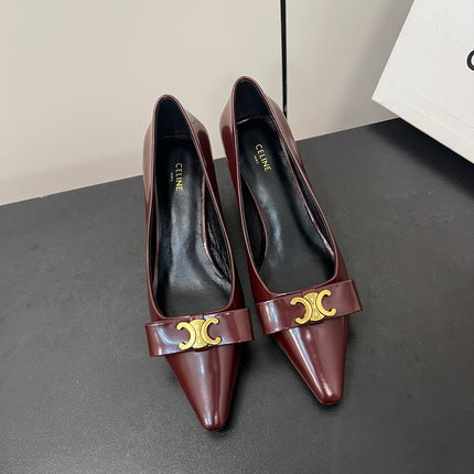 TRIOMPHE POINTED-TOE HIGH PUMPS IN BURGUNDY RED SHINY CALFSKIN