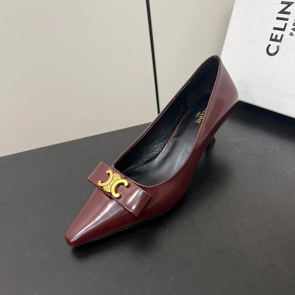 TRIOMPHE POINTED-TOE HIGH PUMPS IN BURGUNDY RED SHINY CALFSKIN