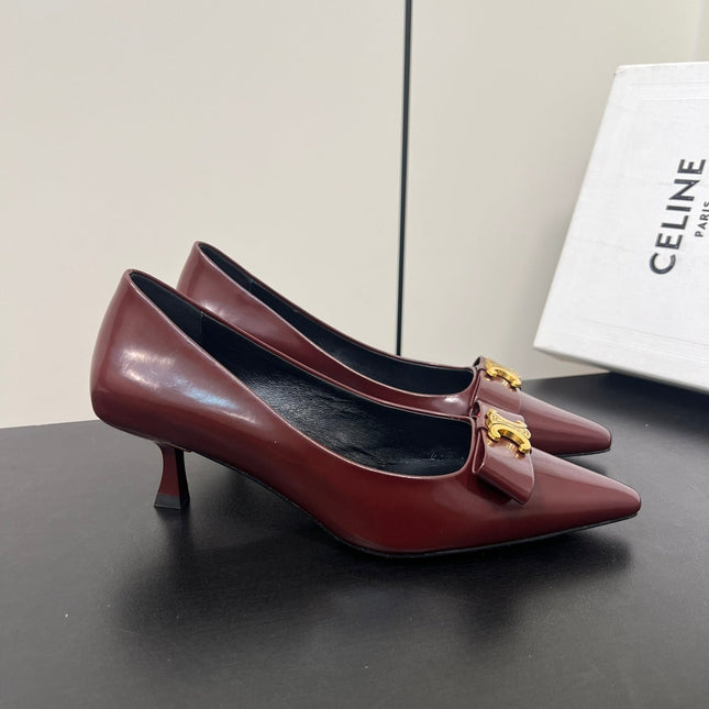TRIOMPHE POINTED-TOE HIGH PUMPS IN BURGUNDY RED SHINY CALFSKIN