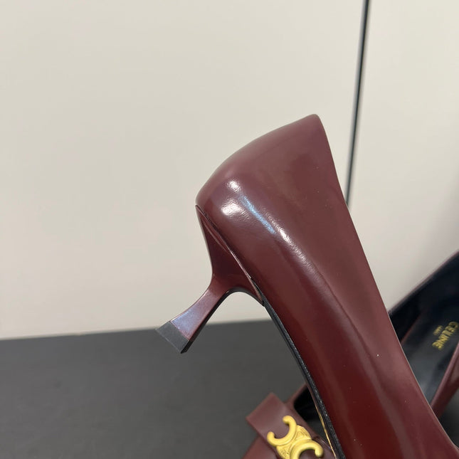TRIOMPHE POINTED-TOE HIGH PUMPS IN BURGUNDY RED SHINY CALFSKIN