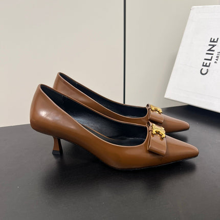 TRIOMPHE POINTED-TOE HIGH PUMPS IN BROWN SHINY CALFSKIN