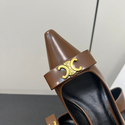 TRIOMPHE POINTED-TOE HIGH PUMPS IN BROWN SHINY CALFSKIN