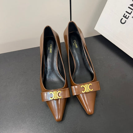 TRIOMPHE POINTED-TOE HIGH PUMPS IN BROWN SHINY CALFSKIN