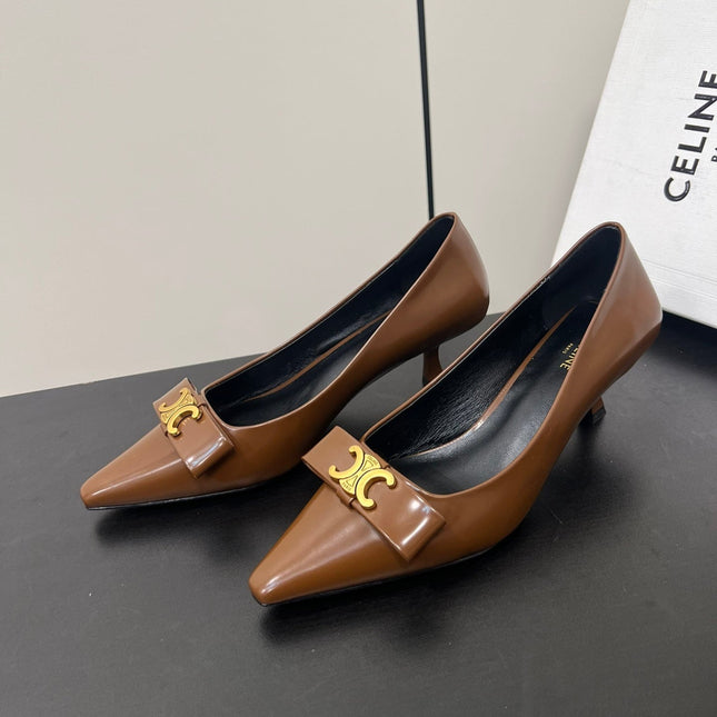TRIOMPHE POINTED-TOE HIGH PUMPS IN BROWN SHINY CALFSKIN